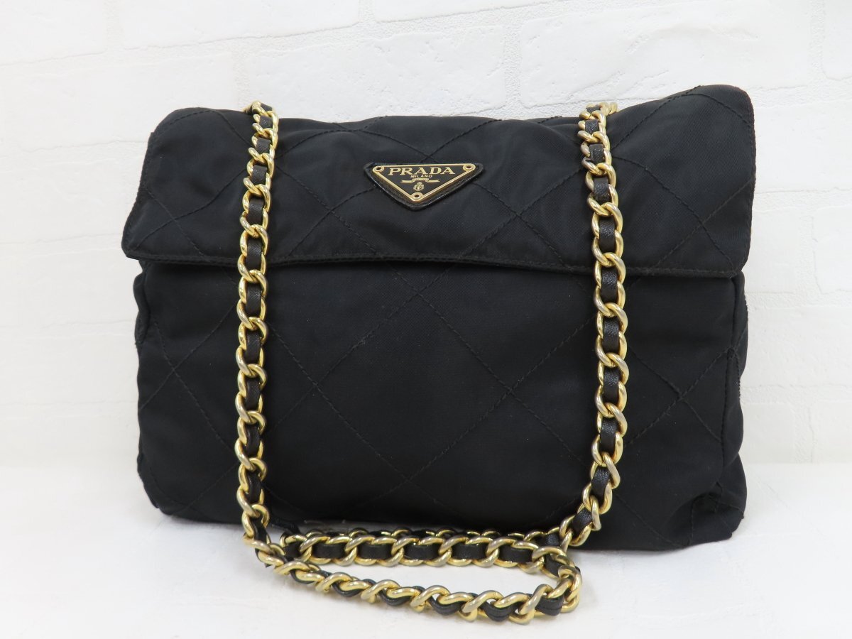 美品◆PRADA プラダ◆キルティング ナイロン サフィアーノ レザー 本革◆チェーン ショルダー バッグ◆ブラック G金具◆イタリア製◆A18588拍卖