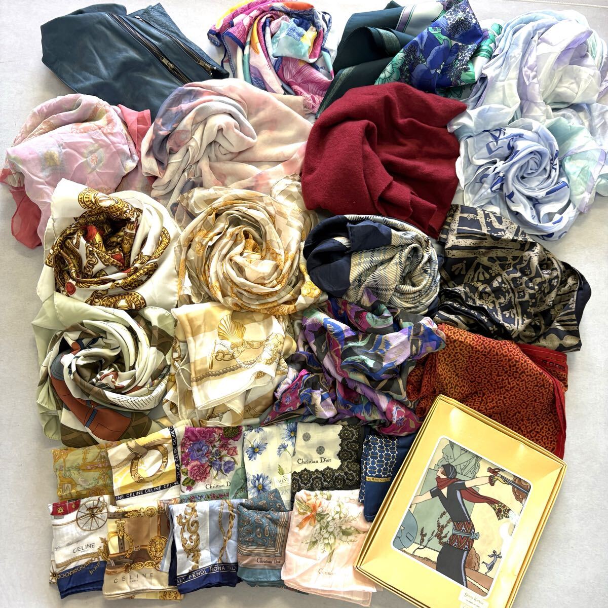 1円~ ① ■ 良品あり まとめ売り!! '豪華 28点セット' HERMES CELINE Christian Dior FENDI等 シルク コットン スカーフ ハンカチ 卸売り 拍卖