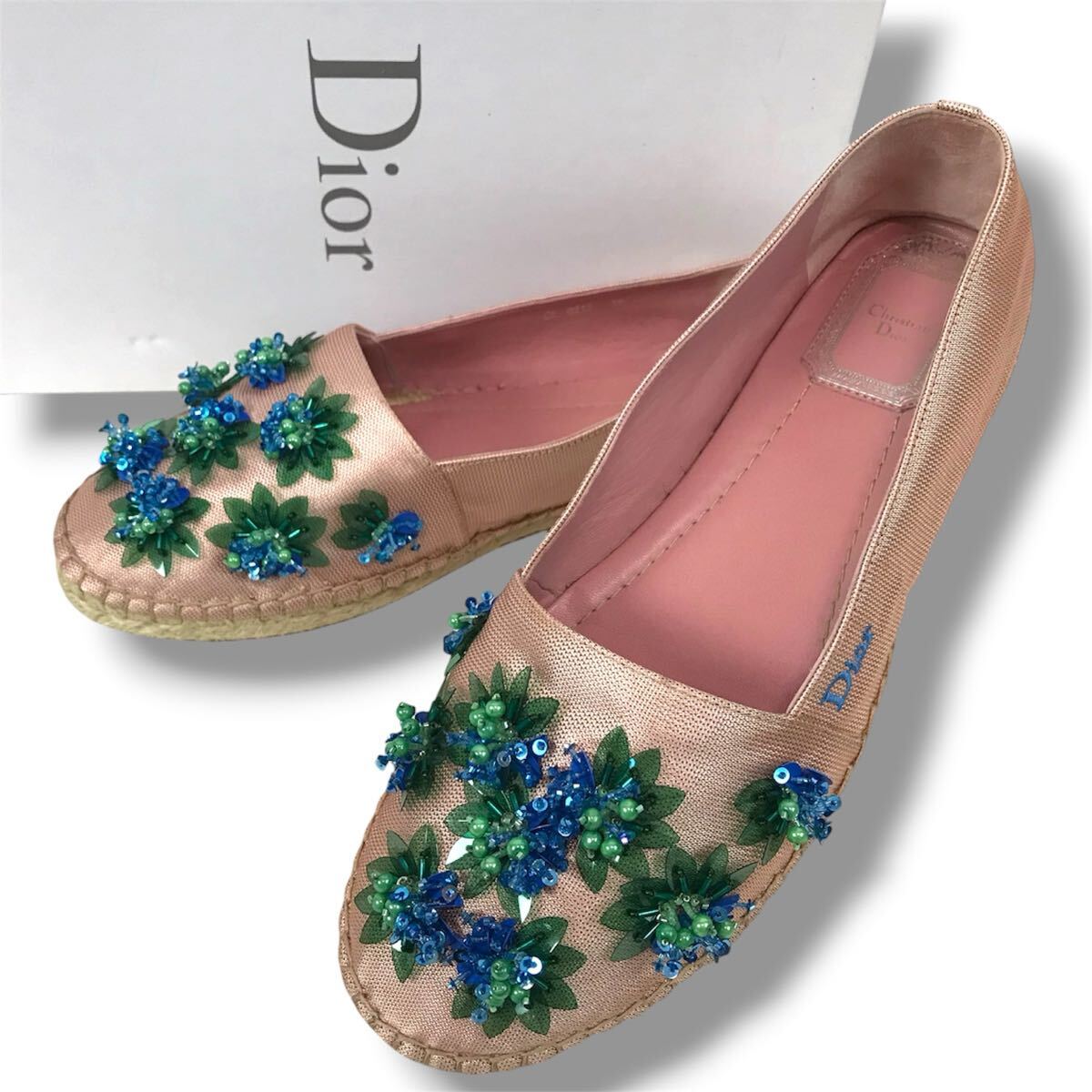 r216 レア 希少 Christian Dior ディオール エスパドリーユ スリッポン フラットシューズ ロゴ ビーズ フラワー 38 イタリア製 正規品拍卖