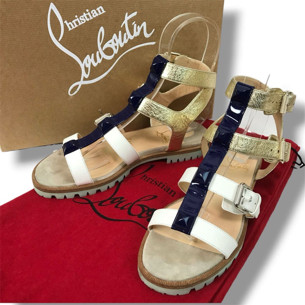 r223 Christian Louboutin クリスチャンルブタン グラディエーター サンダル レザー スタッズ フラットシューズ 35.5 イタリア製 正規品拍卖