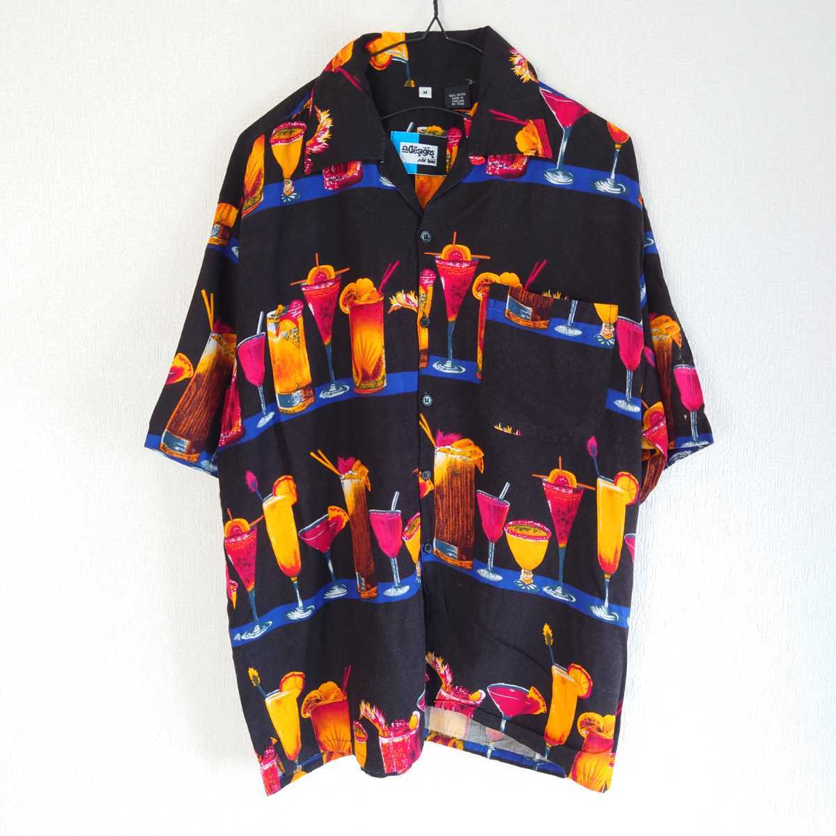 古着 ビンテージ アロハシャツ ハワイアン トロピカル 酒柄 レーヨン 黒 ブラック 拍卖