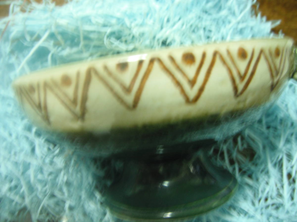 アイスクリーム かき氷用 織部風 緑釉 耳付 高坏 デザートカップ 香の物 テーブルアクセント 昭和レトロ ビンテージ拍卖