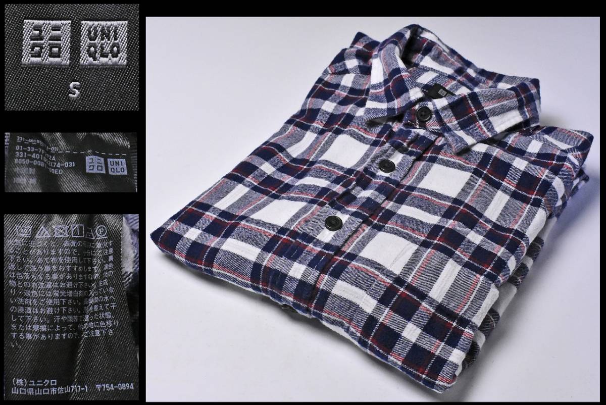 UNIQLO ★ ユニクロ ★ チェックシャツ ★ ネルシャツ風 ★ S ★ 01-33-7F292A ★ 綿100% ★ 白X紺x赤 ★ 中古品 ★拍卖