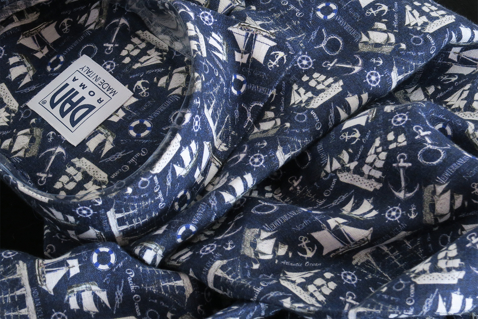 ★イタリアシャツ DANROMA limited_LINO_818 collo essan 麻100% 愉快に楽しくヨットの遊ぶ夏の海・・♬~ S 38-87拍卖