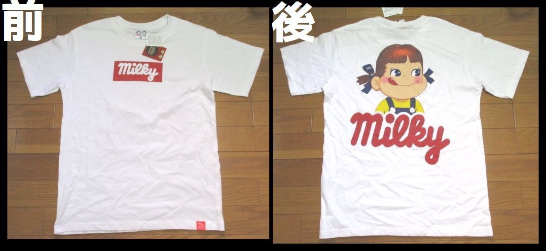 ラスト1点! 新品タグ付き ペコちゃん 不二家 Tシャツ Mサイズ 白 ボックスロゴ ミルキー 前後両面印刷拍卖