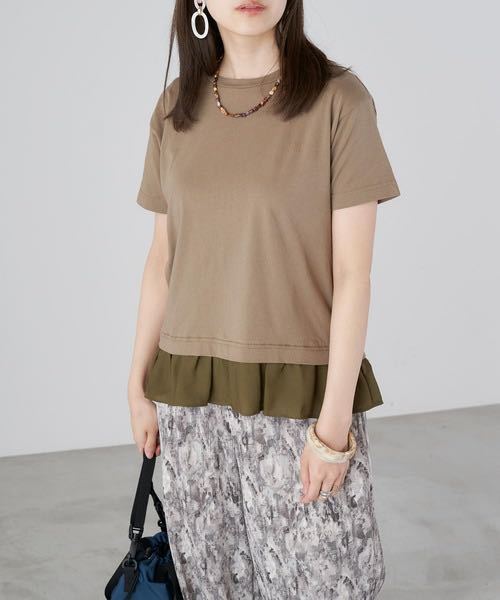 Chaco closet 異素材切り替え裾シフォン半袖カットソー カーキ拍卖
