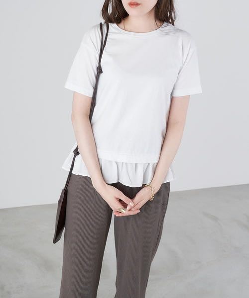 Chaco closet 異素材切り替え裾シフォン半袖カットソー ホワイト拍卖