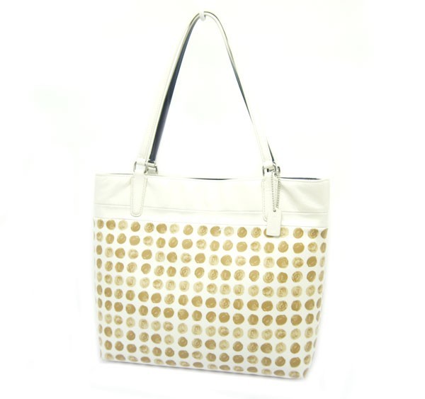中古 良品 COACHコーチ トートバッグ 29432 ドット柄 PVC ホワイト ベージュ拍卖