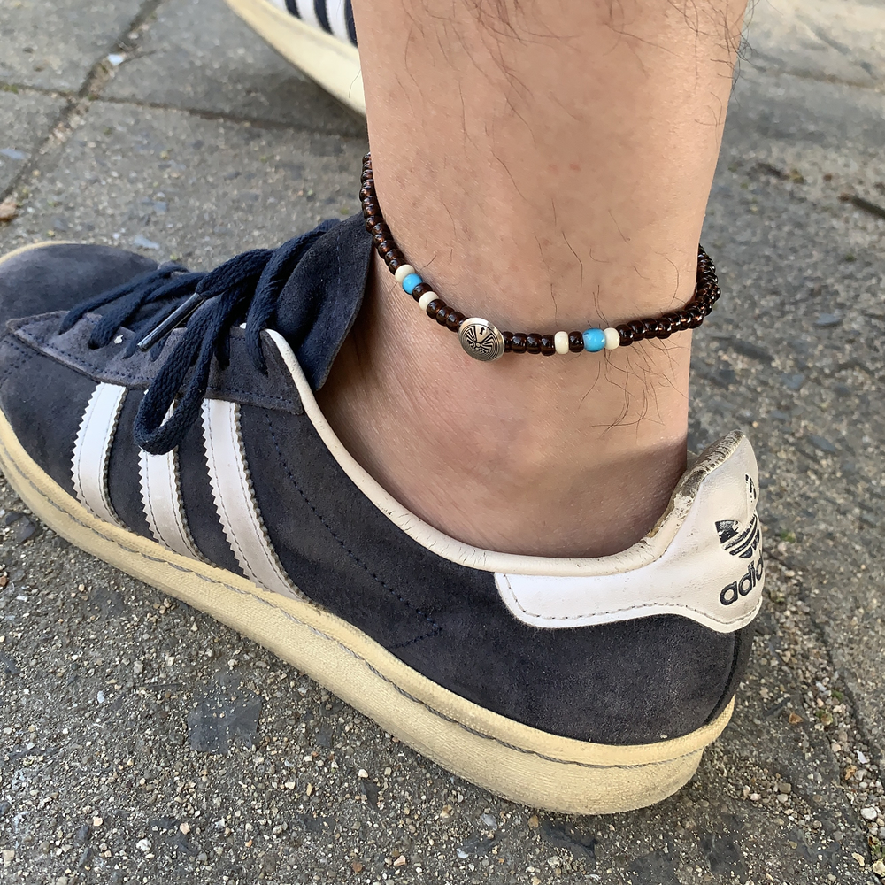 SILVER CONCHO&BEADS ANKLET- BROWN / シルバーコンチョ&ビーズ アンクレット-ブラウン拍卖