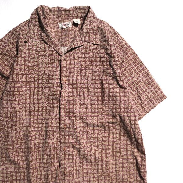 90's L.L.Bean LLビーン オープンカラー コットン アロハシャツ 半袖 (L-REG) エンジ系 総柄 ループカラー ボックスシャツ 90年代 旧タグ拍卖
