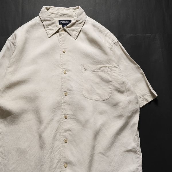 90's ランズエンド 100% リネン ボックス シャツ 半袖 (XL) ナチュラル 90年代 旧タグ オールド LANDS'END拍卖