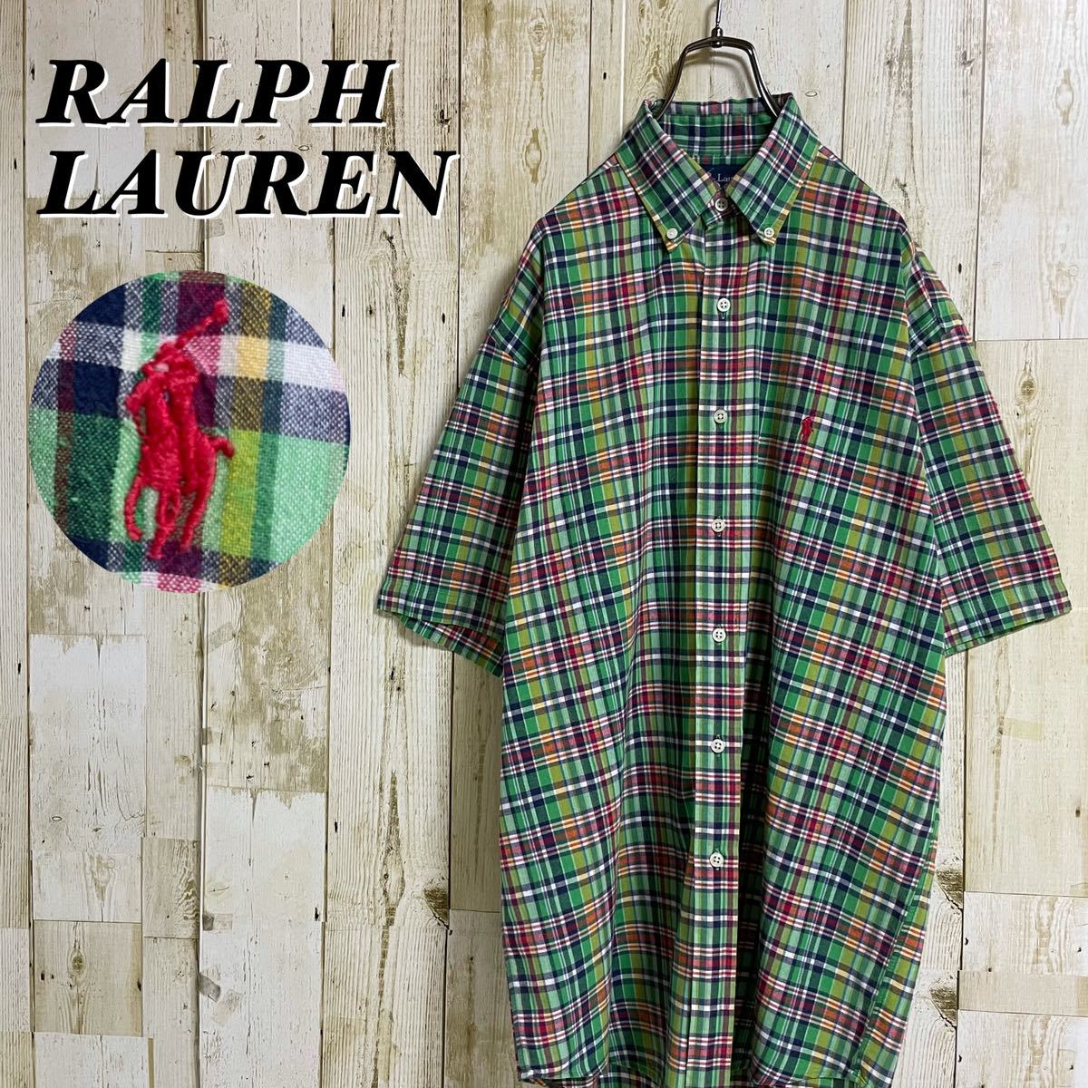 【90s】ラルフローレン 刺繍 レッドポニー ビッグシルエット ボタンダウン BD 半袖シャツ マルチチェック XL相当 90年代 アメカジ 古着拍卖