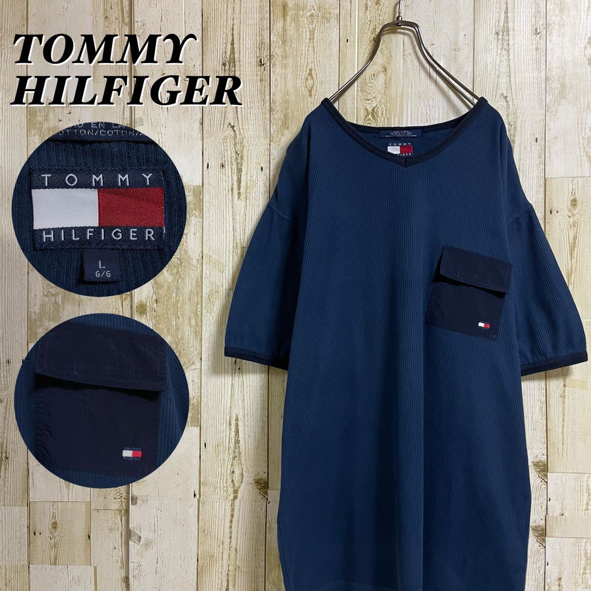 90s トミーヒルフィガー ブラックロゴ 胸ポケット オールタグ Vネック ビッグサイズ 厚手 リンガーTee 半袖Tシャツ XL相当 90年代 古着拍卖