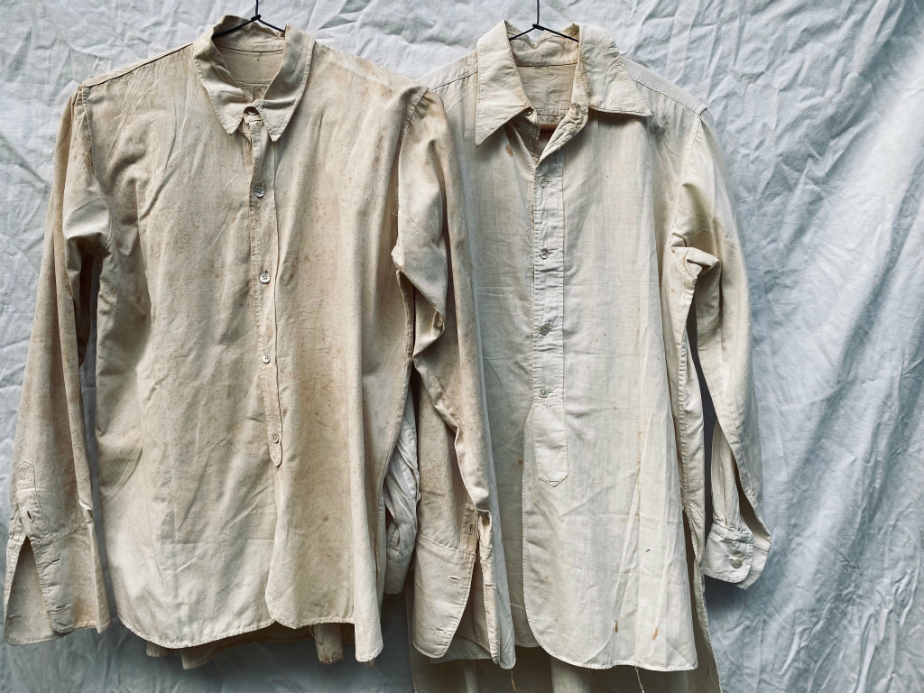 日本の古い服 昭和 戦後 マチ付き 裾ラウンドカット コットン ドレスシャツ 貝ボタン JAPAN VINTAGE ジャパンヴィンテージ 40s50s拍卖