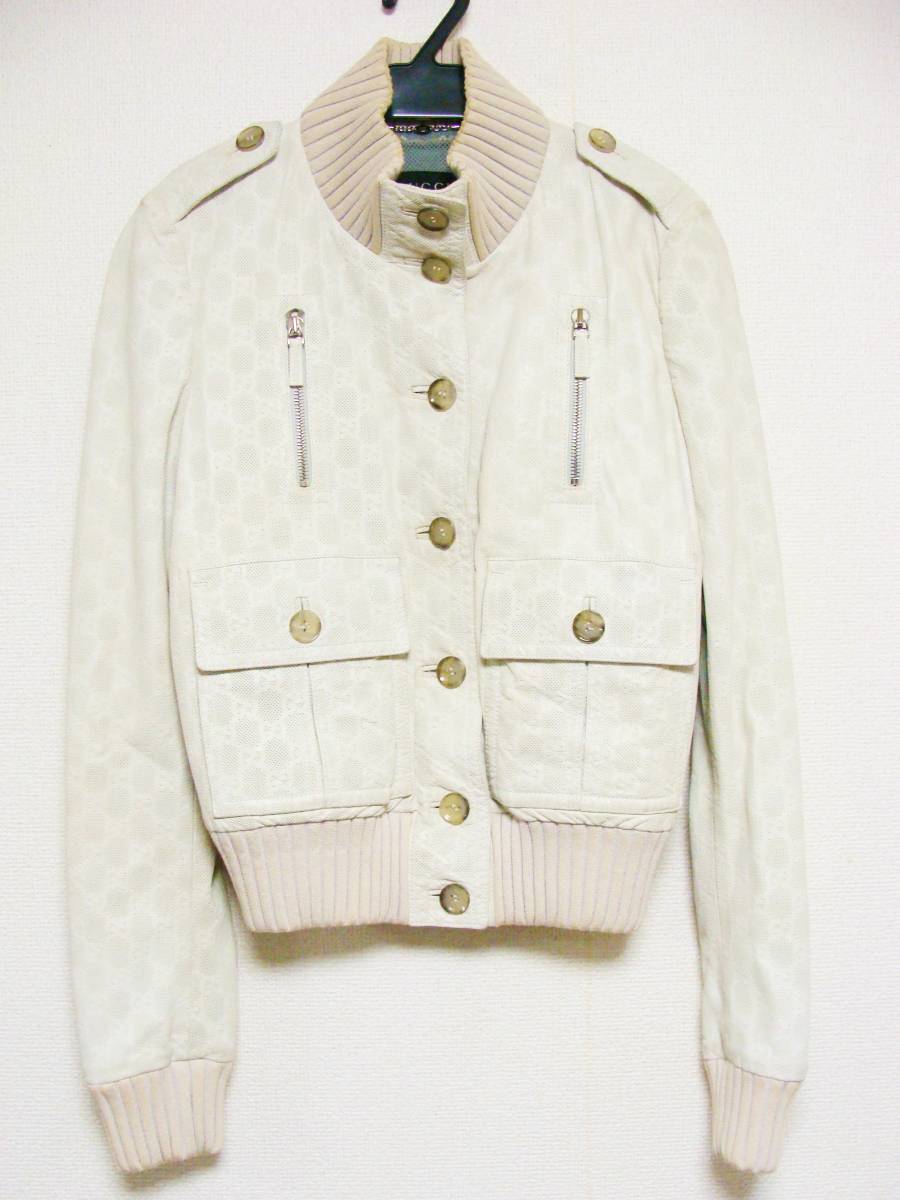 GUCCI グッチ ◇ GG 柄 シマ パンチング レザー 皮 革 マドンナ ボンバー ジャケット ブルゾン 38拍卖