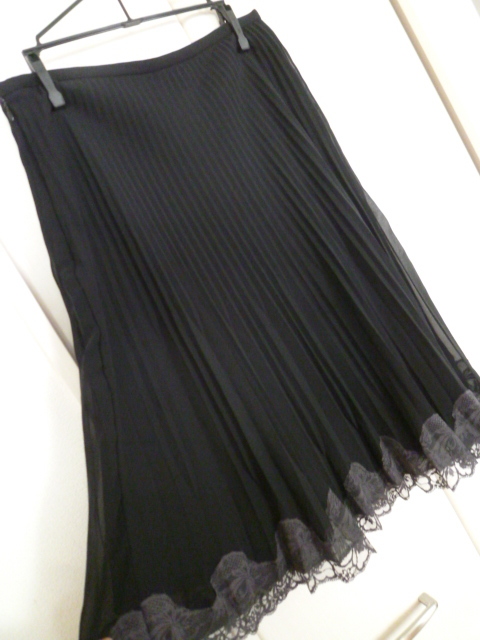 peyton place/ペイトンプレイス△黒裾グレーレース細いプリーツスカートM/ブラックフォーマル結婚式ファイブフォックス△SK714拍卖