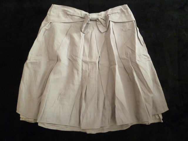 H.A.K/ハク△グレーベージュ系ウエストリボン台形フレアースカート1△500円即決膝丈△SK714拍卖