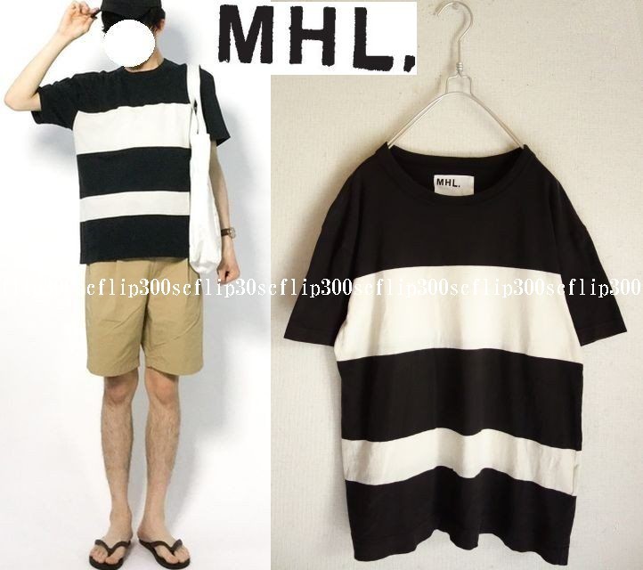 2017 美品MHL.マーガレットハウエル☆BEAUTY&YOUTH 別注 パネルボーダーコットンリネンTシャツ M ブラック×キナリ 日本製★12960円拍卖