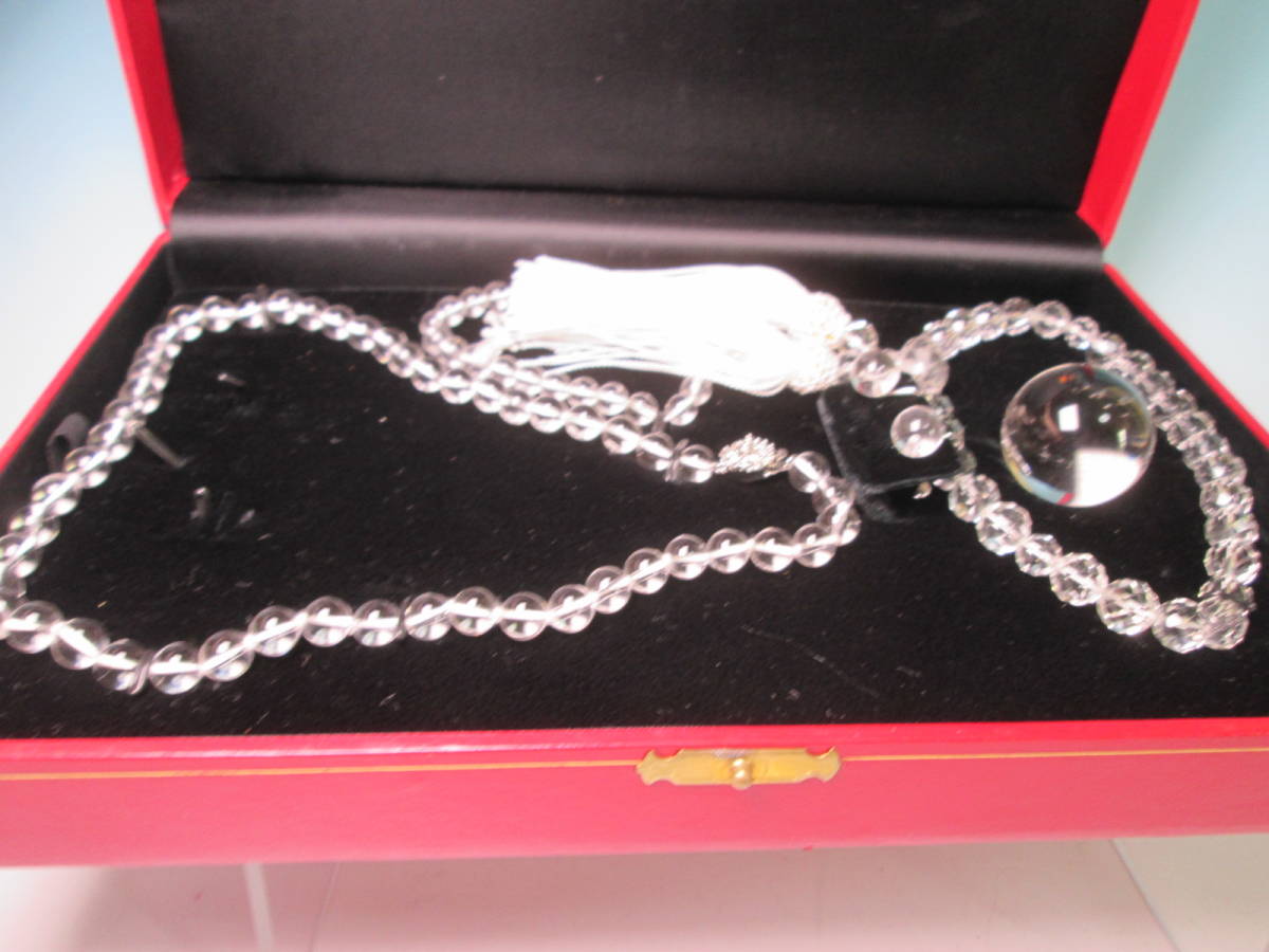 ☆SILVER 本水晶ネックレス&数珠&ブレスレット&イヤリング&水晶玉 5点セット 共ケース付拍卖