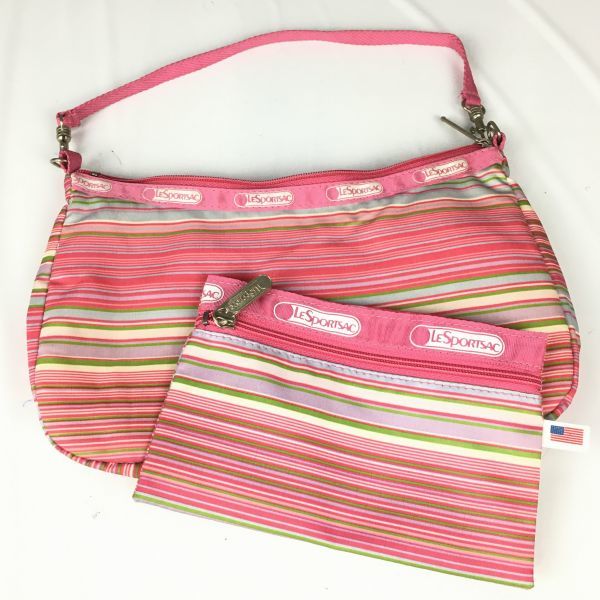 Le Sportsac/レスポートサック ポーチ/ハンドバッグ ピンク ボーダー柄 ポーチ付き 管NO.B19-27拍卖