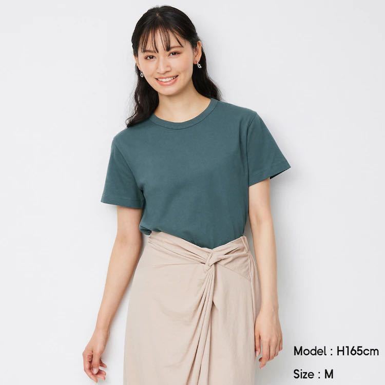 GU/ジーユー カラークルーネックT 半袖 ダークグリーン 緑 M拍卖