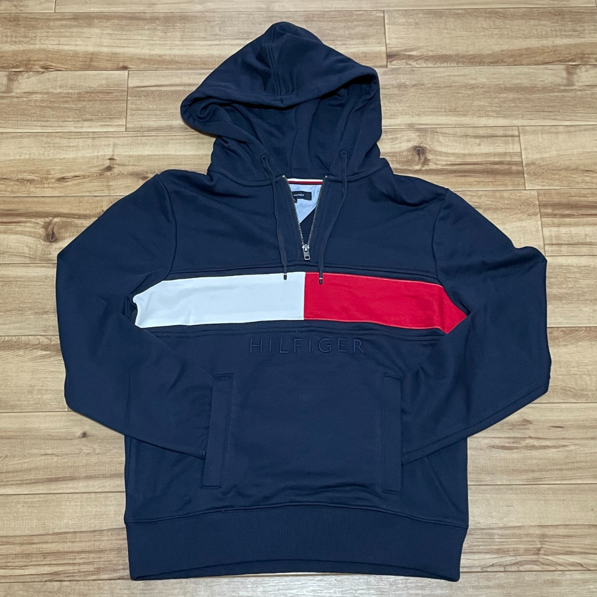 【 TOMMY HILFIGER 】トミーヒルフィガー USA正規品 ジップパーカー フード付き ポケットあり 刺繍 紺〈2XL〉拍卖