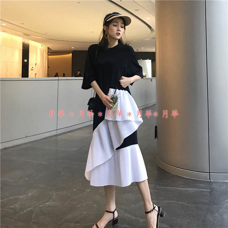 ワンピース 黒 L 即納 新品 プリーツ フリル 五分袖 ロング 夏 2473526 レディース ブラック拍卖