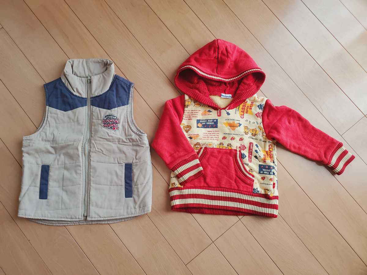 100サイズ★冬用トップスセット【ムージョンジョン★裏起毛フード付トレーナー】【カンサイ★ジップアップベスト】★幼稚園保育園拍卖