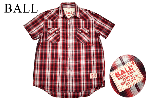 Y-2074★送料無料★超美品★BALL ボール★レッド赤色 オンブレ チェック 半袖 ウエスタンシャツ 140cm拍卖