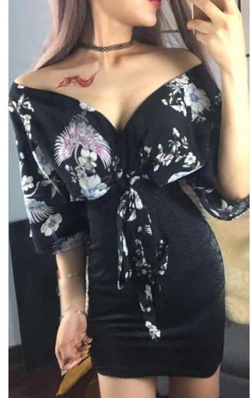 1211  レディースワンピース★OL 通勤   可愛い sexy 大人    ミニ丈  花柄  プリント拍卖