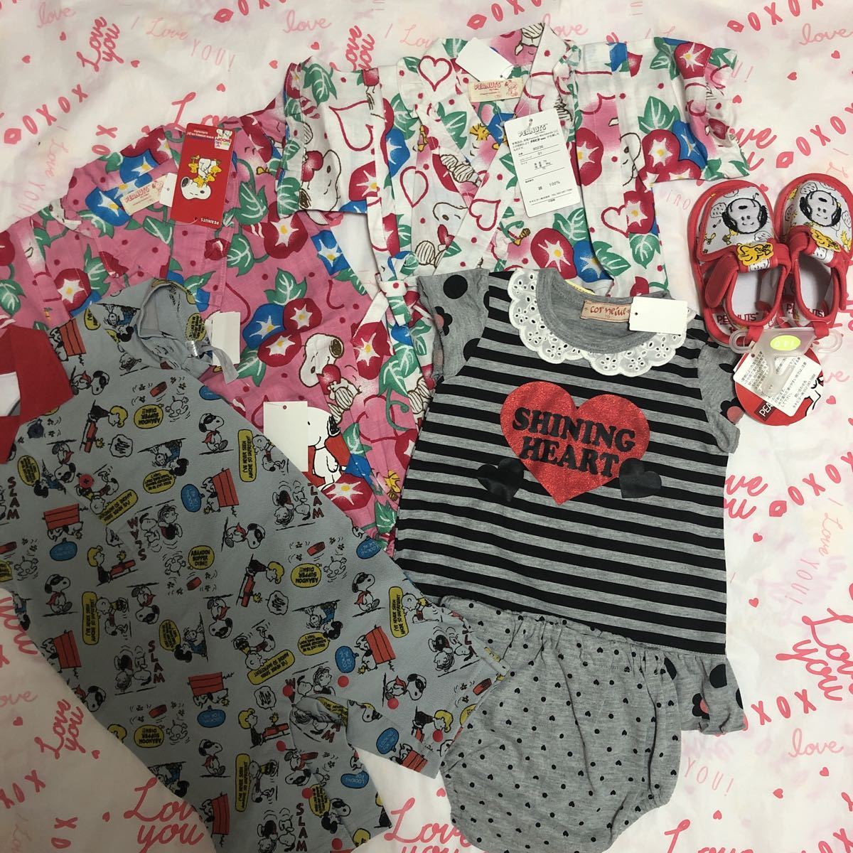 SNOOPY 朝顔 甚平 ベビー服 サンダル セット 双子 女の子 ロンパース 福袋拍卖