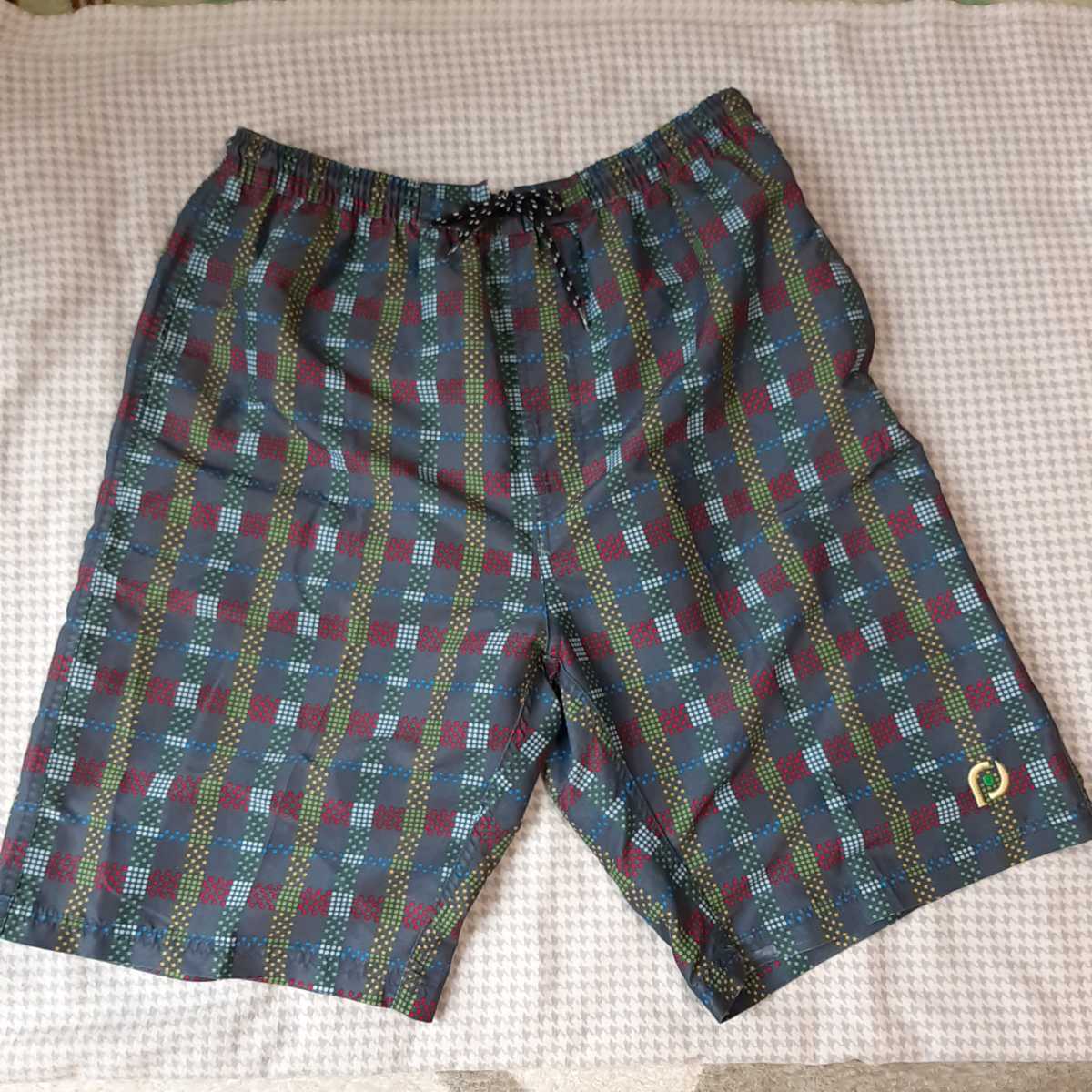 メンズ 水着 LLサイズ ウエスト94-104 丈56 ポリエステル ベースグレー 星やドット入りのチェック柄210707拍卖
