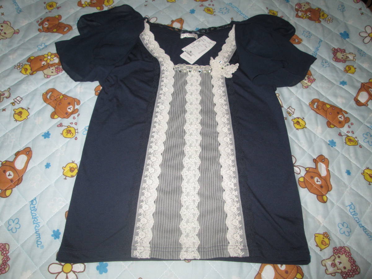 **新品♪axes femme 袖リボン蝶レースつきPO 紺 M**拍卖