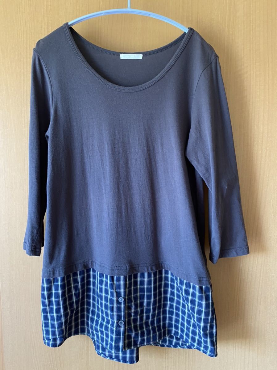 StudioClipスタジオクリップ★裾チェック柄7分袖Tシャツ重ね着用★焦茶色★フリーサイズ★USED拍卖