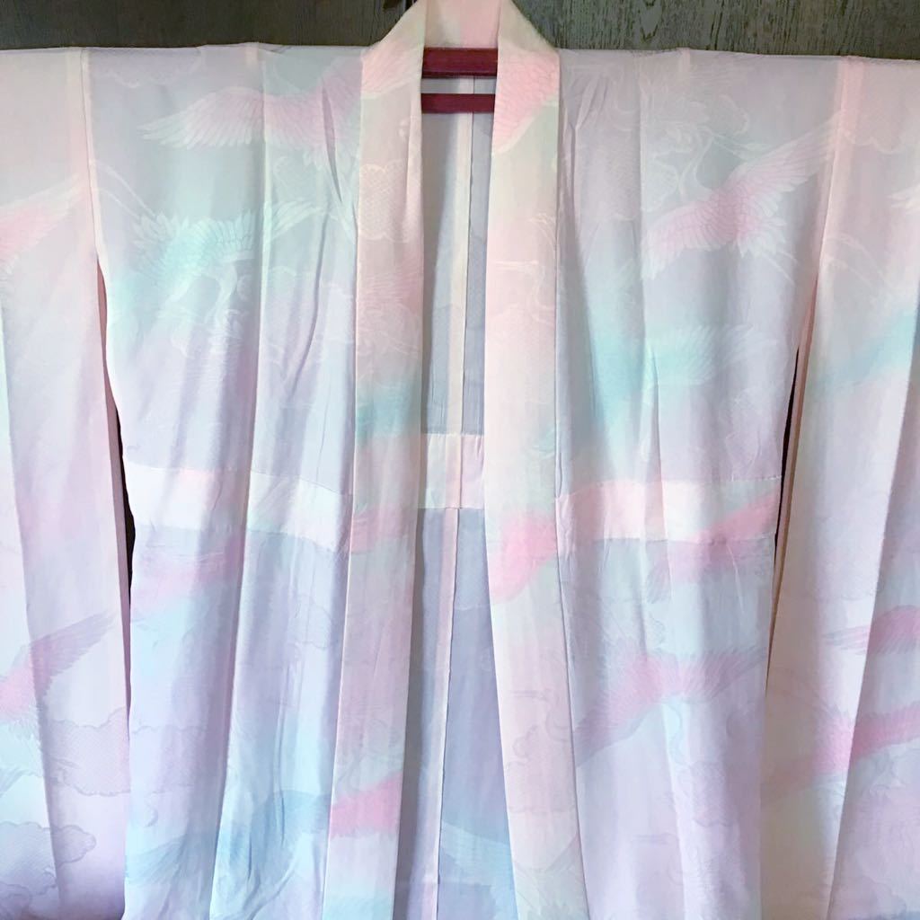 単衣♪半日使用♪裄65cm♪正絹誂え♪おめでたい鶴と雲♪長襦袢♪振袖拍卖