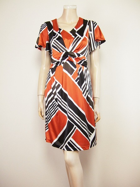 新品同様★エスプリミュール*ESPRITMUR*オレンジ系×ブラウン系*ドレープリボン*サテン*重ね着風デザイン*清涼ワンピース*7号.36.Sサイズ拍卖