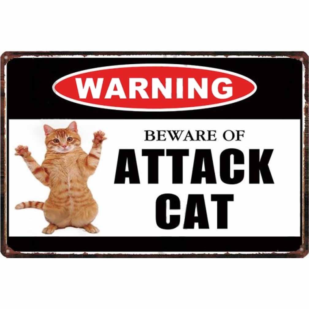A642 メタル サイン 金属 製 ブリキ 看板 プレート 店 注意 警告 危険 動物 ペット 可愛い 攻撃 愛 猫 茶トラ 【4742】拍卖