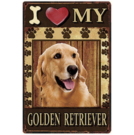 A1411 メタル サイン ブリキ 看板 金属 プレート 店 注意 防犯 動物 ペット 犬 猛犬 I LOVE MY ゴールデン レトリバー【3259拍卖