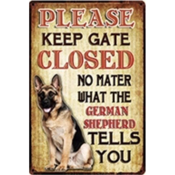 A652 メタル サイン ブリキ 看板 金属 プレート 門を閉めて 注意 危険 防犯 店 動物 ペット 犬 猛犬 シェパード【5027】拍卖