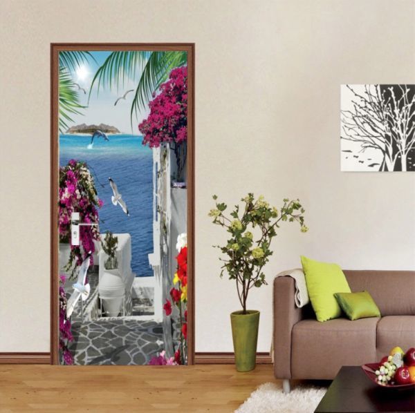 A1962 ドア 扉 ステッカー シール 剥がしやすい 防水 ビニール 壁紙 リフォーム ウォール 風景 空 花 ギリシャ エーゲ 海 77*200cm【3129】拍卖