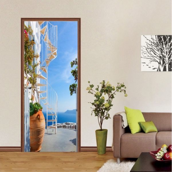 A1869 ドア 扉 ステッカー シール 剥がしやすい 防水 ビニール 壁紙 リフォーム ウォール 空 花 階段 ギリシャ エーゲ 海 77*200cm【1727】拍卖