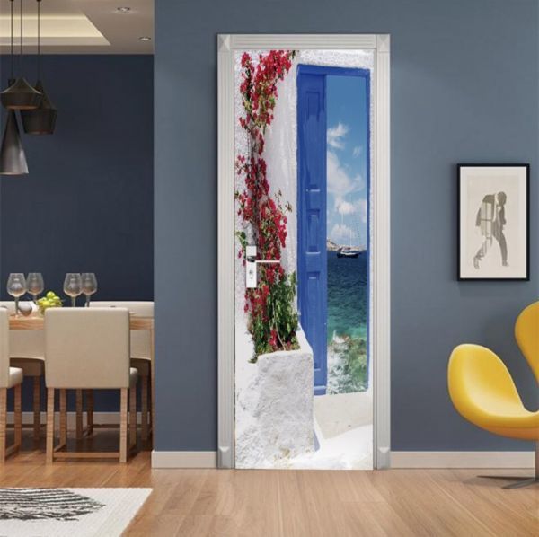 A1987 ドア 扉 ステッカー シール 剥がしやすい 防水 ビニール 壁紙 リフォーム ウォール 風景 花 空 窓 ギリシャ エーゲ 海 77*200cm【759拍卖