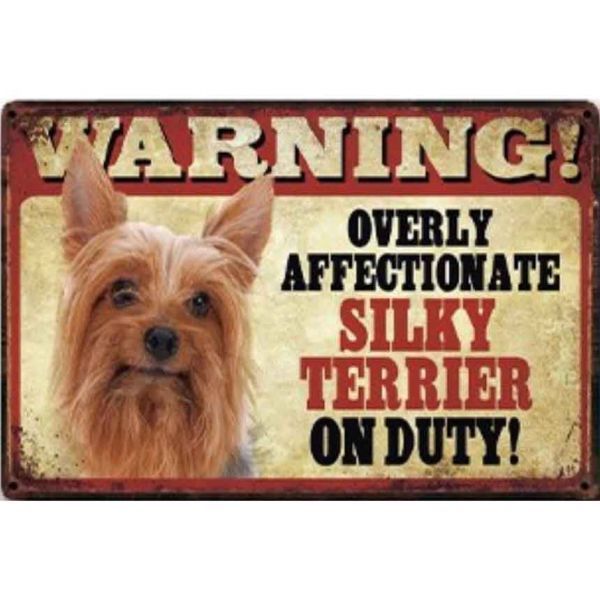 A810 メタル サイン ブリキ 看板 金属 製 プレート 店 注意 警告 危険 防犯 動物 ペット 猛 犬 シルキー テリア【3186】拍卖