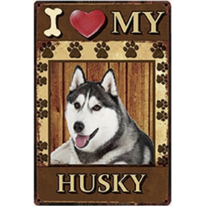A1385 メタル サイン ブリキ 看板 金属 製 プレート 店 注意 危険 動物 ペット 犬 猛犬 LOVE シベリアン ハスキー【3984】拍卖