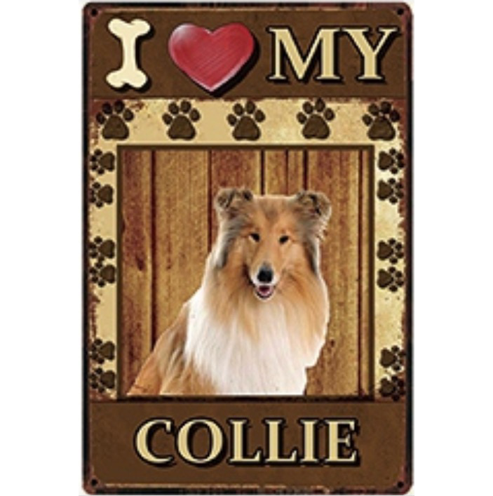 A1382 メタル サイン ブリキ 看板 金属 製 プレート アート パネル 店 注意 動物 ペット 愛 犬 I LOVE MY コリー 【3981】拍卖