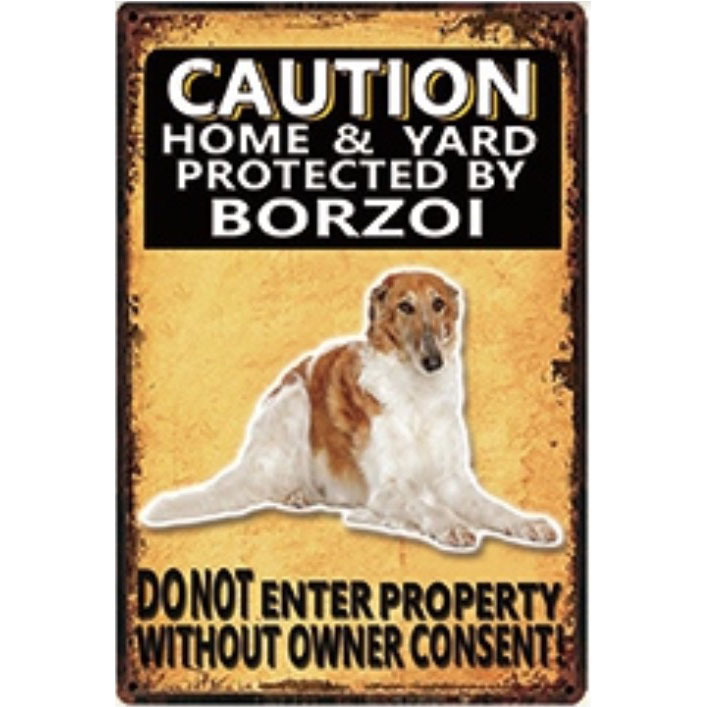 A2530 メタル サイン 金属 製 ブリキ 看板 プレート 店 注意 警告 危険 防犯 動物 ペット 犬 番犬 猛犬 ボルゾイ 4307拍卖