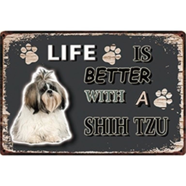 A3153 メタル サイン ブリキ 看板 金属 製 プレート パネル 店 注意 警告 動物 ペット 犬 番犬 LIFE IS シーズー【3713】拍卖