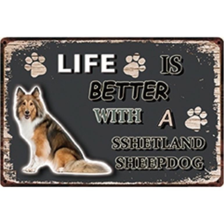 A3150 メタル サイン ブリキ 看板 金属 製 プレート パネル 動物 ペット 犬 番犬 LIFE IS シェットランド シープドッグ【3710拍卖