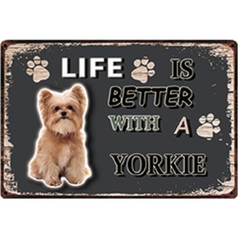 A3151 メタル サイン ブリキ 看板 金属 製 プレート パネル 店 注意 警告 動物 ペット 犬 番犬 LIFE IS ヨーキー【3706】拍卖