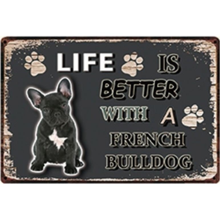 A3146 メタル サイン ブリキ 看板 金属 製 プレート パネル 店 注意 動物 ペット 犬 LIFE IS フレンチ ブルドッグ 【3719拍卖